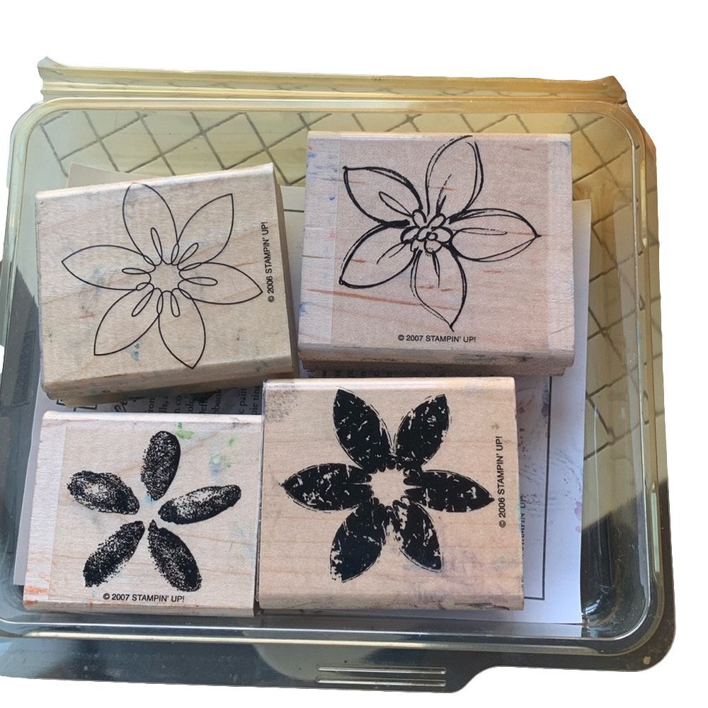 4 wood block flower stamps in box 34